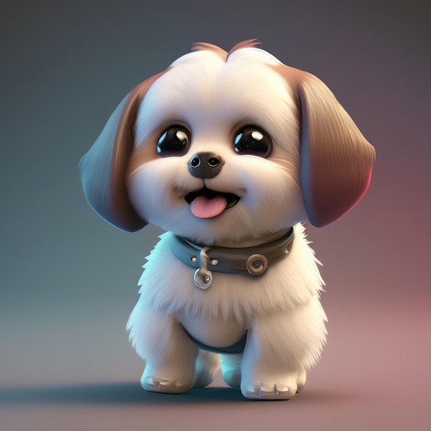 3D Sorriso bonito pequeno cão maltês kawaii personagem realista hatchling