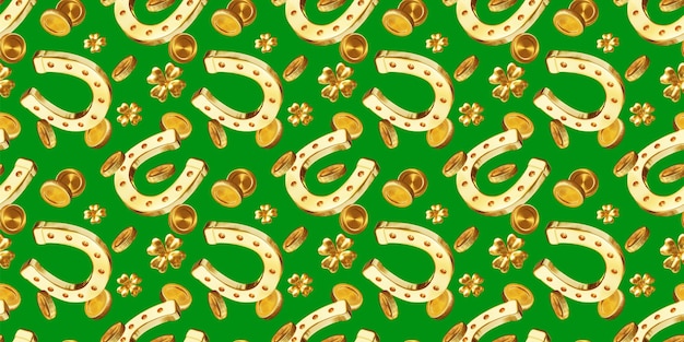 Foto 3d sorte e riqueza padrão sem costura com moeda de ferradura dourada e trevo em fundo de cor verde projeto 3d da ilustração do dia de patrick para impressão web de cartaz de banner