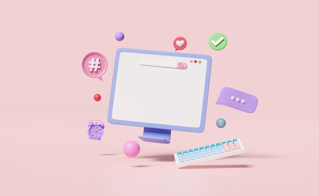 3D-Soziale Medien mit Computermonitor-Symbolen, Chat-Blasen, Markierungen auf rosa Hintergrund, Online-Sozial-Seo-Kommunikationsanwendungen, Vorlage-Konzept, 3D-Render-Illustration