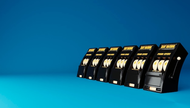 3D-Spielautomaten mit One Armed Bandit im Casino auf blauem Hintergrund Glücksspielkonzeptdesign