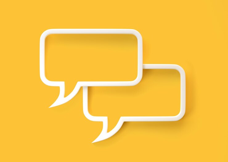 Foto 3d-sprechblasen-symbol mit flachem rahmen für textzitat auf gelbem hintergrund mit textfreiraum. chat-blasen