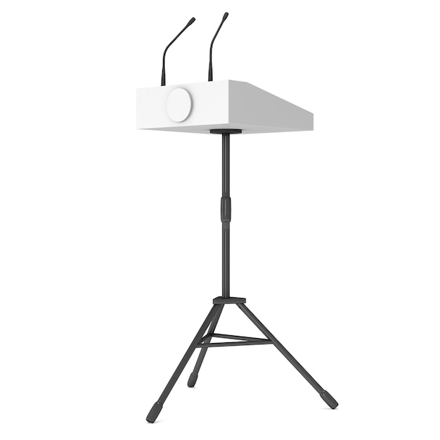 3D-Sprecher-Podium auf Tripod White Tribune Podestständer mit Mikrofonen 3D-Rendering