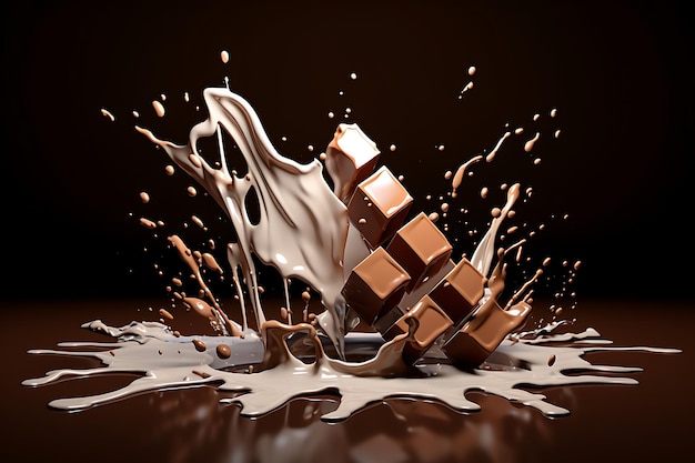3d-Spritzer geschmolzener Schokolade und Milch mit Fallin