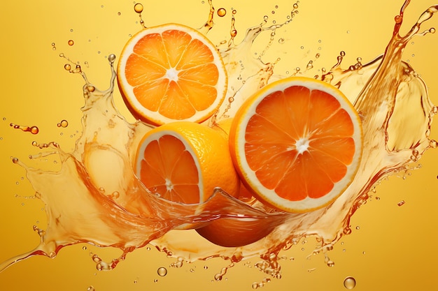 3D-Spritzungen von natürlichem Saft realistischer Spritzung von orangefarbener Flüssigkeit mit Tropfen