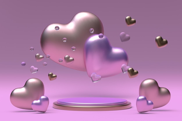 3D St. Valentinstag rosa Podium mit goldenen Herzen Romantische Hintergrundvorlage für den 14. Februar