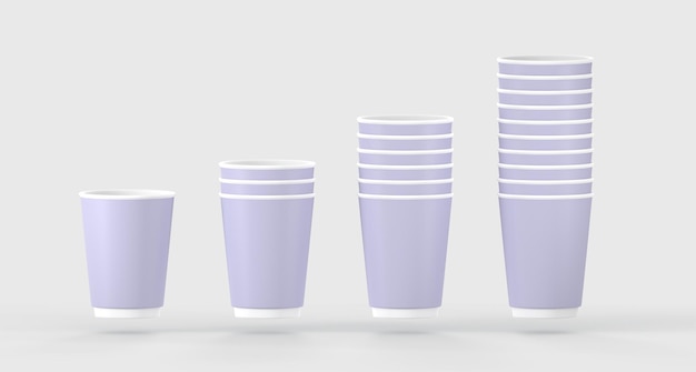 Foto 3d stacks tazas de café desechables de papel púrpura maqueta de empaque pila de taza de lavanda en blanco para bebidas calientes para llevar aisladas sobre fondo blanco paquete de plantillas para diseño de marca render 3d realista