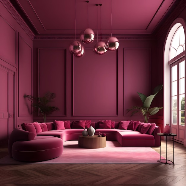 3D-Stil Luxus-Wohnzimmer im Trend 2023 Farbe Viva Magenta Wände Lounge-Möbel Rotes Karmin Cochineal Leerer Raum für Kunst oder Bild Innenarchitektur-Mockup-Vorlage Generative Ai