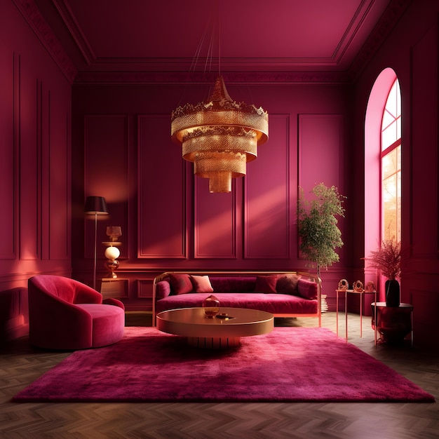 3D-Stil Luxus-Wohnzimmer im Trend 2023 Farbe Viva Magenta Wände Lounge-Möbel Rotes Karmin Cochineal Leerer Raum für Kunst oder Bild Innenarchitektur-Mockup-Vorlage Generative Ai