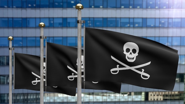 3D, Stoffbeschaffenheit des Piratenschädels mit im Wind wehenden Säbelfahnen. Calico Jack Piratensymbol für Hacker- und Räuberkonzept. Realistische Piratenflagge schwarz auf der welligen Oberfläche