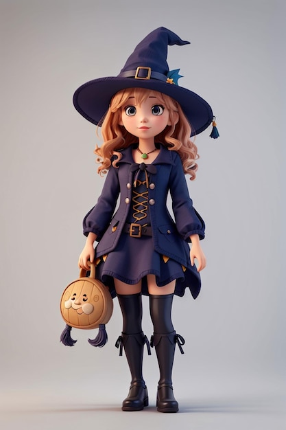 3D süßes Mädchen trägt Halloween-Hexenkleid