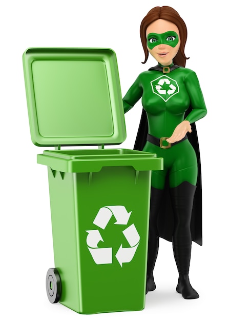 3d super-herói mulher de reciclagem em pé com uma lixeira verde para reciclagem