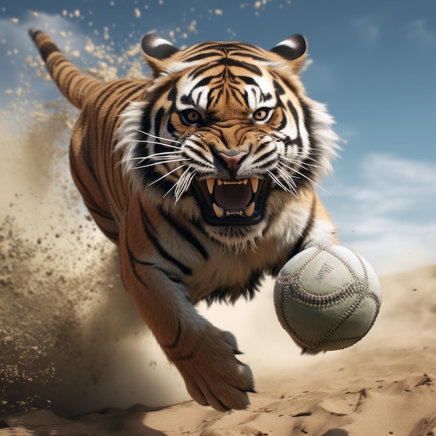 3D Super Realista Tigre Perseguindo Bola Clipart