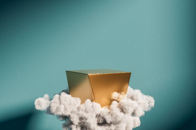 3D-surrealistische Präsentation goldenes Podest, das in der Luft in Wolken schwebt