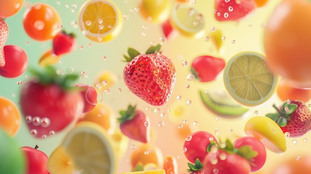 3D suspenso frutas de verão surrealista olhar refrescante fundo pastel brilho quente