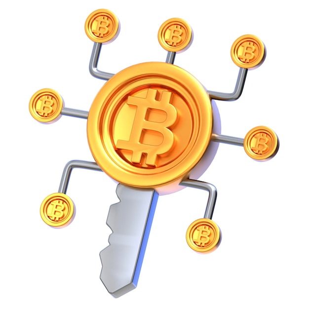 3D-Symbol Bitcoin-Schlüssel 3D-Illustration 3D-Element 3D-Rendering Grafische Elemente Design-Element