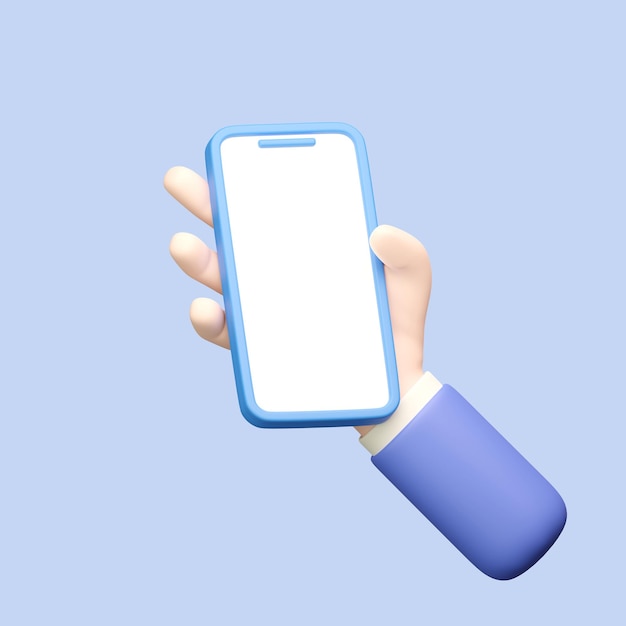 3D-Symbol Hand mit Mobiltelefon mit leerem Bildschirm auf blauem Hintergrund mit Beschneidungspfad 3D-Rendering