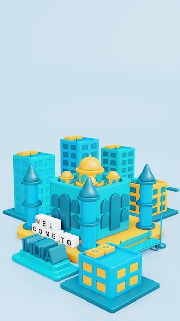 3d Taj Mahal como hito con área de espacio verde y construcción alrededor en color azul y amarillo
