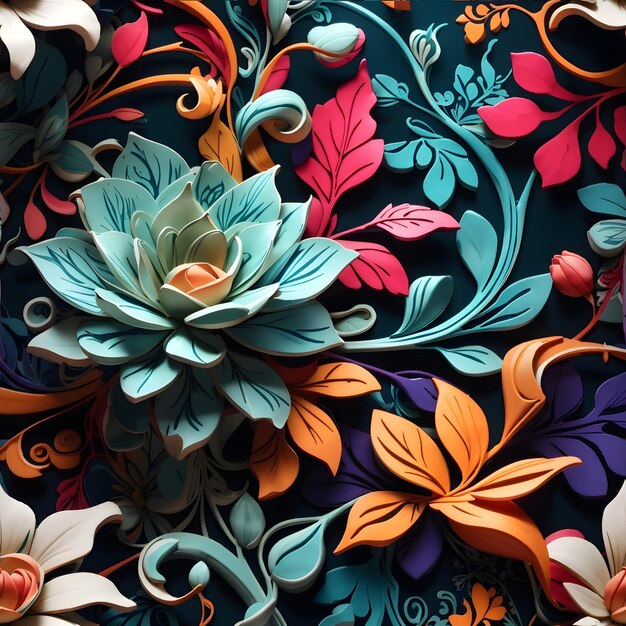 3D-Tapetenhintergrund mit botanischem Blumenmuster in lebendigen Farben