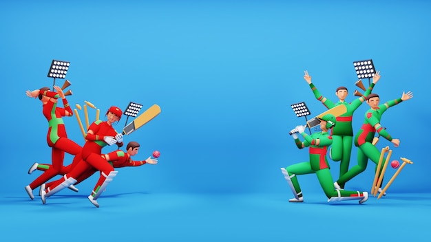 3D-Teilnehmende Cricket-Team von Oman VS Bangladesch mit Turnierausrüstung und Textfreiraum auf blauem Hintergrund.