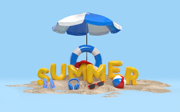 3D-Textsommer auf Strandinsel mit Sonnenschirm, Sonnenglas, Flip-Flops, Ball, Ring schwimmend. Design des Sommerferien-Ferienkonzepts. 3D-Rendering