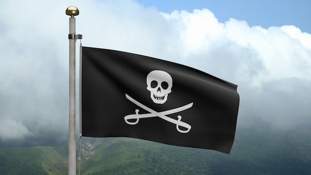 3D, textura de la tela del cráneo pirata con bandera de sables ondeando en el viento en la montaña. Símbolo pirata de Calico Jack para el concepto de pirata informático y ladrón. Bandera realista de piratas negra sobre la superficie ondulada