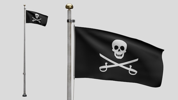 3D, textura de la tela del cráneo pirata con bandera de sables ondeando en el viento. Símbolo pirata de Calico Jack para el concepto de pirata informático y ladrón. Bandera realista de piratas negra sobre la superficie ondulada