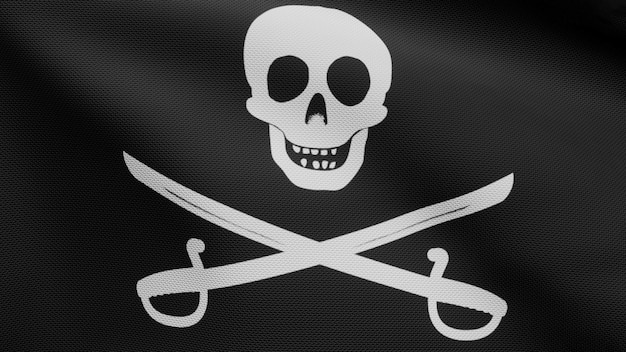 Foto 3d, textura de la tela del cráneo pirata con bandera de sables ondeando en el viento. símbolo pirata de calico jack para el concepto de pirata informático y ladrón. bandera realista de piratas negra sobre la superficie ondulada