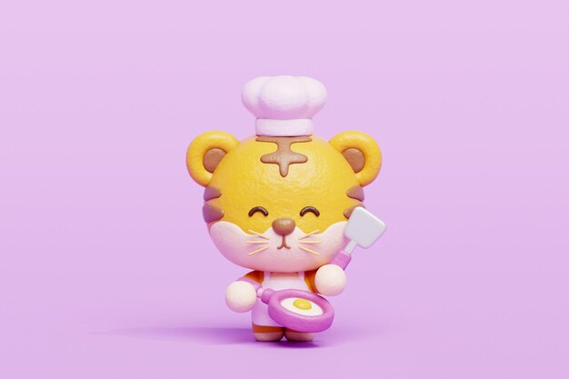 3D tigre fofo cozinhando personagem de desenho animado de animais renderização 3D