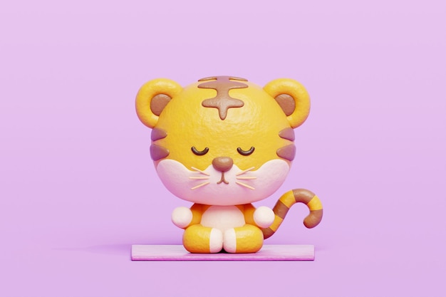 3D tigre lindo meditación yoga personaje animal de dibujos animados renderización 3D