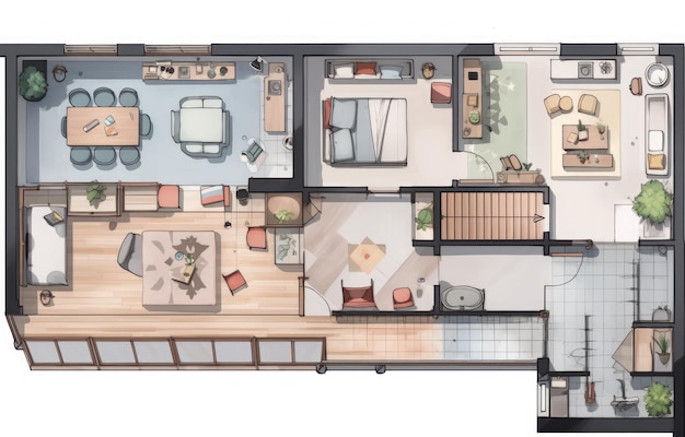 3D-Top-View-Landschaftsdesignplan mit Haus ein Privathaus mit Küche, Schlafzimmern, Wohnzimmer, Esszimmer, Badezimmer und Möbeln