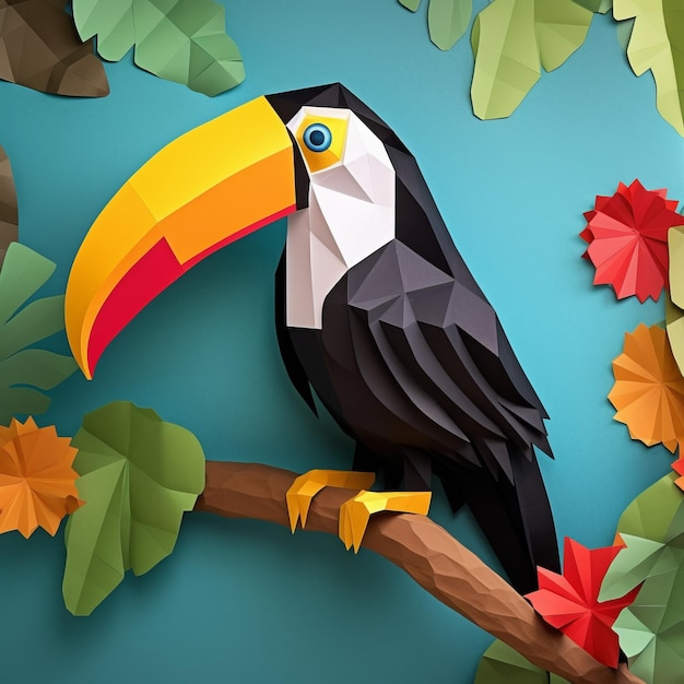 Foto 3d toucan paper craft desenho de polígono colorido e atraente