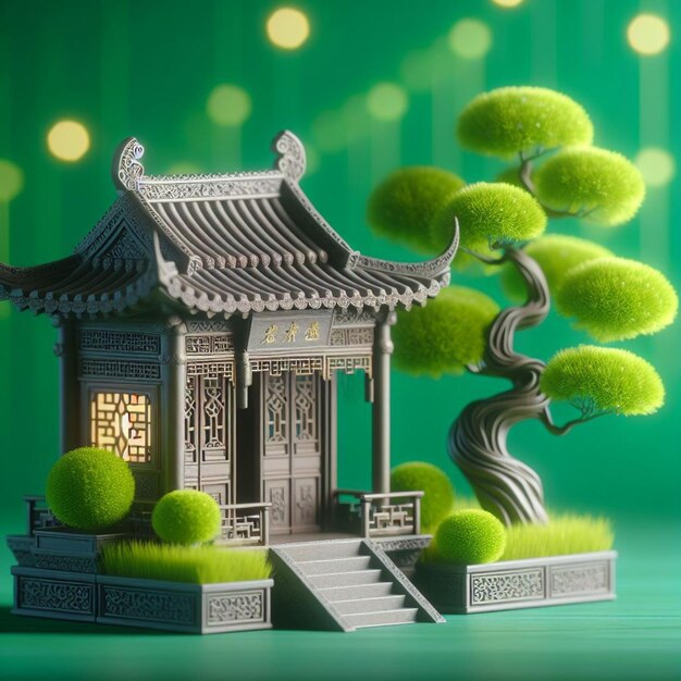 Foto 3d tranquilidade oriental casas chinesas aumentadas pela elegança do bonsai