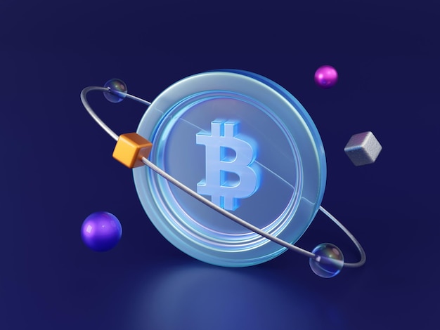 3D-transparenter Bitcoin-Kreis um geometrische Objekte auf dunkelblauem Hintergrund Bitcoin-Blockchain