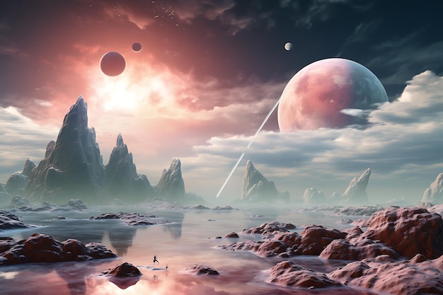 Foto 3d-traumlandschaft mit schwimmenden planeten, wolken und kosmischem himmel
