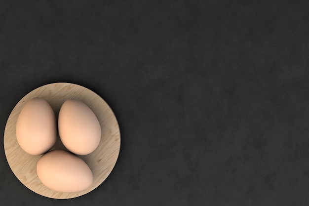 3D de tres huevos de gallina en una tabla redonda de madera sobre un fondo negro.