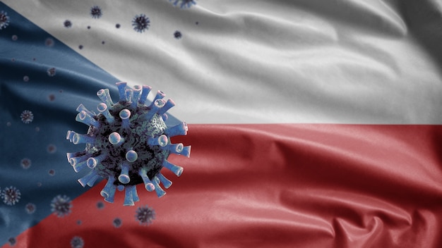 3D, tschechisches Fahnenschwingen und Coronavirus 2019 nCov-Konzept. Asiatischer Ausbruch in der Tschechischen Republik, Coronaviren Influenza als gefährliche Fälle von Grippestämmen wie Pandemie. Mikroskopvirus Covid 19