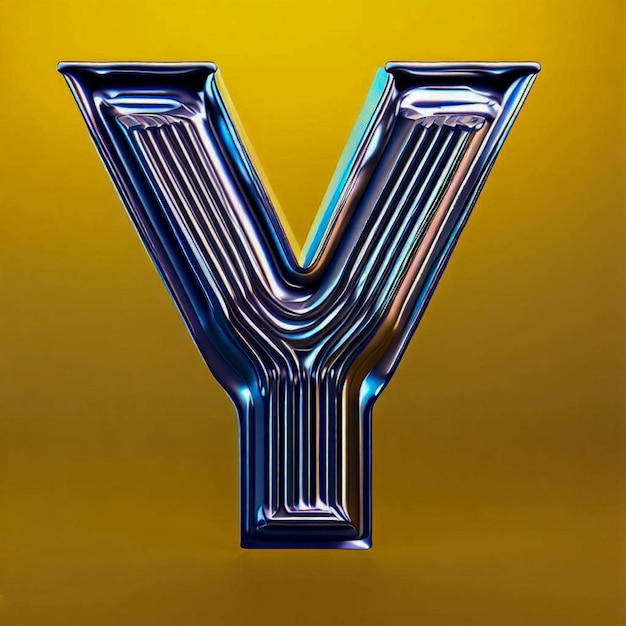 3D-Typografie des Buchstabens Y auf gelbem Hintergrund, chromglänzende Texturrippen minimal