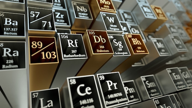 3d übertragen abstrakten chemischen Hintergrund. Periodensystem. Mendelejews Tischfragment. Metall Material.