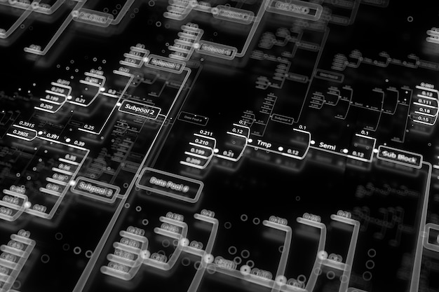 3d übertragen abstrakten Technologiehintergrund. Big-Data-Konzeptillustration. Dezimalzahlen werden in einem analytischen Graphen verbunden.