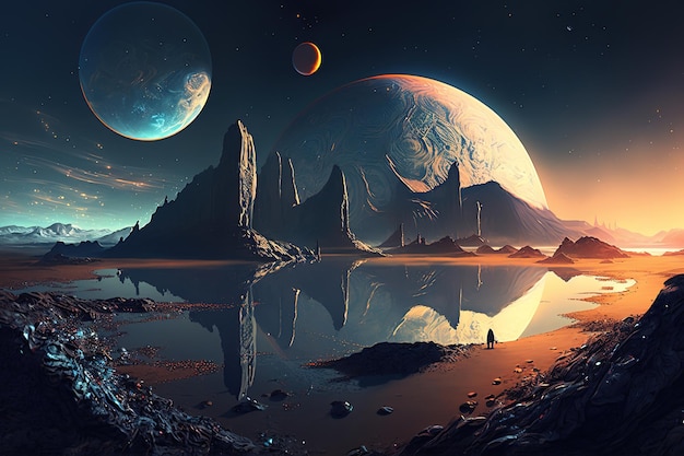 3D übertragen in der Nacht von einer Fantasie fremden Landschaft mit Mond