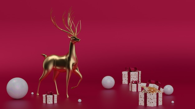 3d übertragen Weihnachtsfahne. Weihnachtshintergrund mit realistischen Objekten, Gold Metal Deer