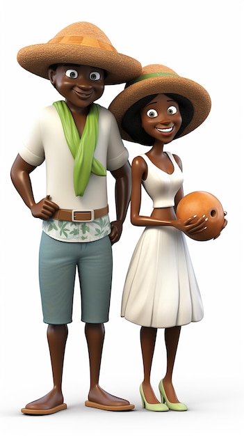 Foto 3d um casal afro-americano de desenho animado em roupas de verão