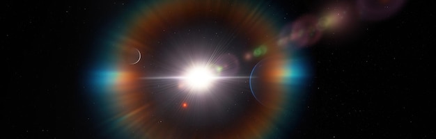 3D. Um halo do sol ilumina os planetas no espaço profundo.