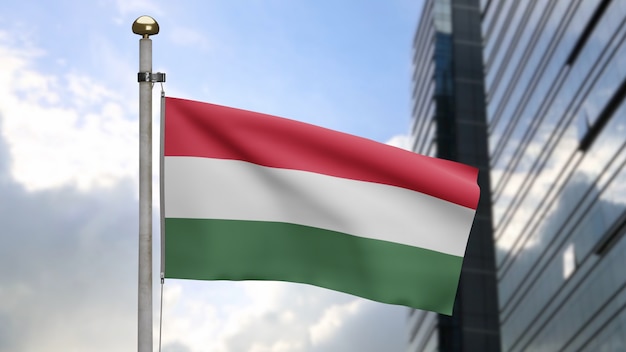 3D, ungarische Flagge weht im Wind mit moderner Wolkenkratzerstadt. Ungarn-Banner bläst glatte Seide. Stoff Textur Fähnrich Hintergrund. Verwenden Sie es für das Konzept für Nationalfeiertage und Länderanlässe.