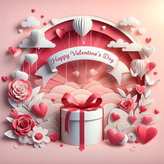 3D-Valentinestag-Hintergrunddesign mit einer Geschenkkiste