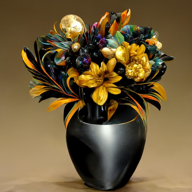 3d vaso preto, dourado e prateado e flores coloridas do buquê. desenho de arte digital para decoração de parede