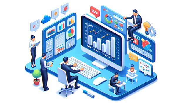 3d vector plano como analista de negocios que utiliza la visualización de datos para el concepto de informes financieros como A vec