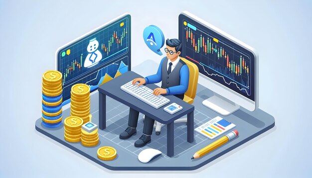 3d Vector plano como comerciante de acciones que utiliza IA para el concepto predictivo de negociación de acciones como una ilustración vectorial