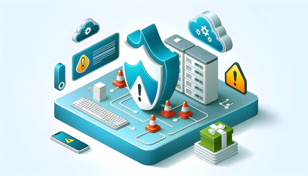 3d vector plano como icono de respuesta a incidentes de ciberseguridad con un concepto de escudo y signo de exclamación como