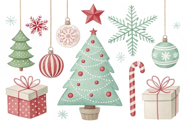 3D-Verzierungen Handgezeichnete Aquarell-Weihnachtsdekorationen in Pastellrot, Grün und Weiß